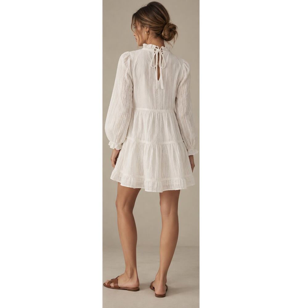 En Saison White Textured Ruffle Neck Long Sleeve Mini Dress Small - Picture 6 of 14
